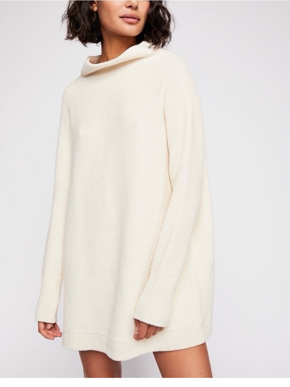 Free People Ivory Cowl-Neck Oversized Tunic Sweater